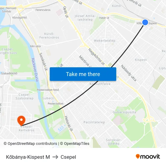 Kőbánya-Kispest M to Csepel map