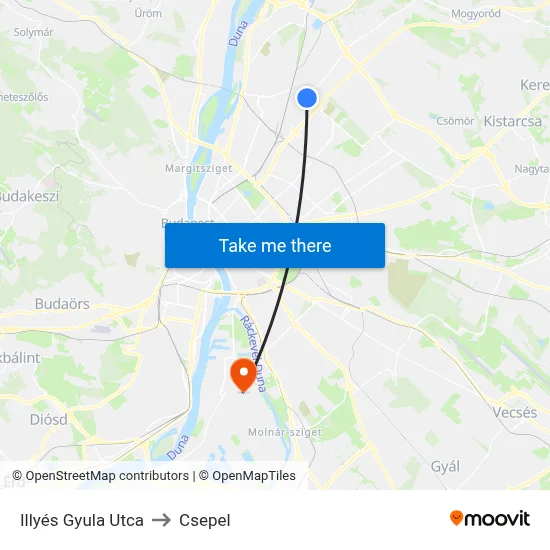 Illyés Gyula Utca to Csepel map