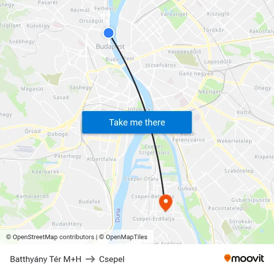 Batthyány Tér M+H to Csepel map
