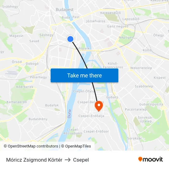 Móricz Zsigmond Körtér to Csepel map