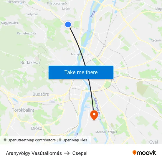 Aranyvölgy Vasútállomás to Csepel map