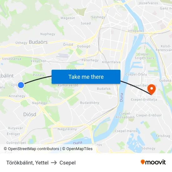 Törökbálint, Yettel to Csepel map
