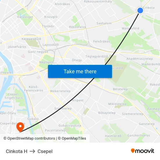 Cinkota H to Csepel map