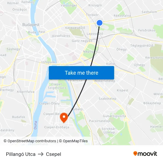 Pillangó Utca to Csepel map