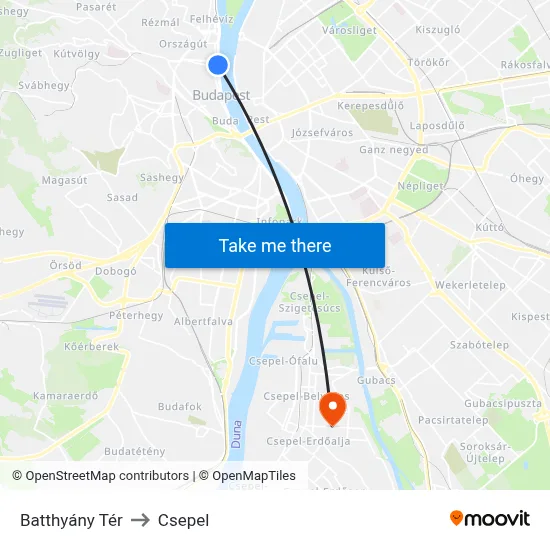 Batthyány Tér to Csepel map