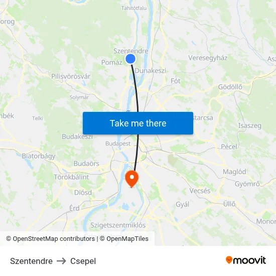 Szentendre to Csepel map
