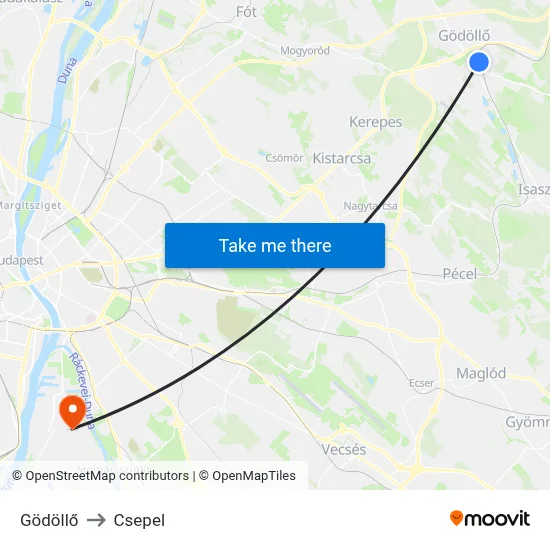 Gödöllő to Csepel map