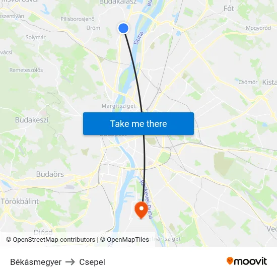 Békásmegyer to Csepel map