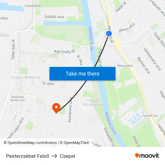 Pesterzsébet Felső to Csepel map