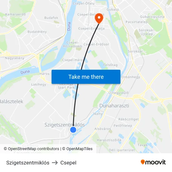 Szigetszentmiklós to Csepel map