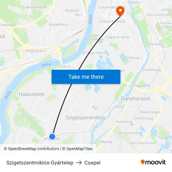 Szigetszentmiklós-Gyártelep to Csepel map