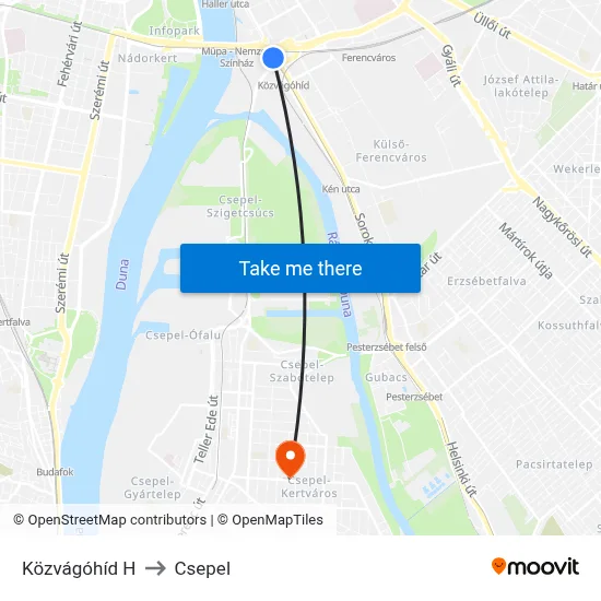 Közvágóhíd H to Csepel map