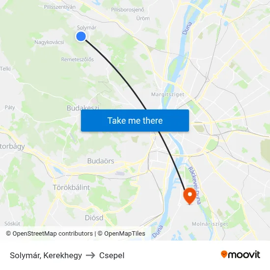 Solymár, Kerekhegy to Csepel map