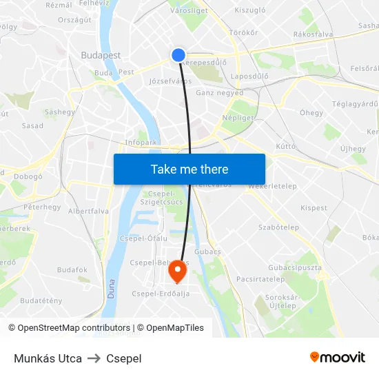 Munkás Utca to Csepel map