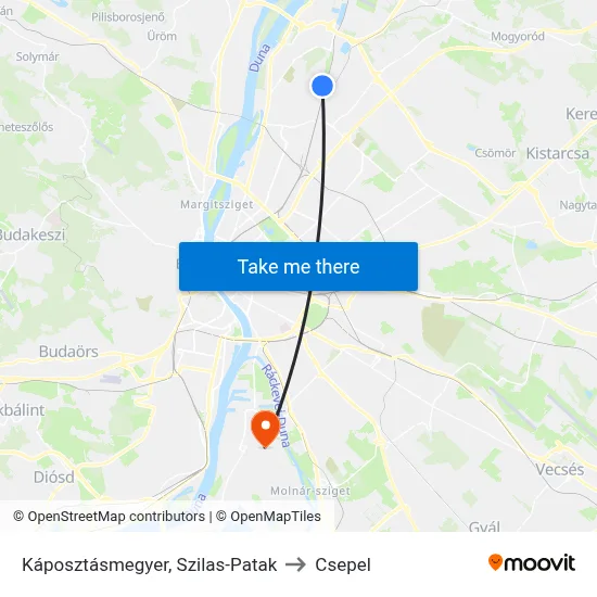 Káposztásmegyer, Szilas-Patak to Csepel map