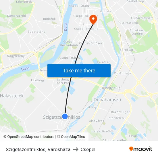 Szigetszentmiklós, Városháza to Csepel map