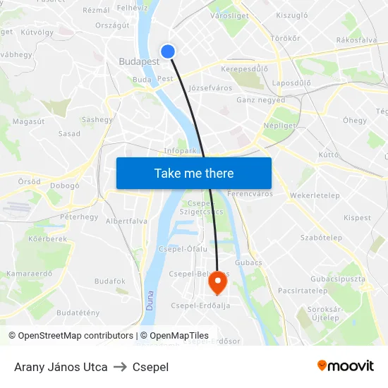 Arany János Utca to Csepel map