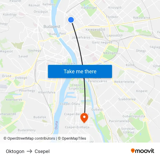 Oktogon to Csepel map