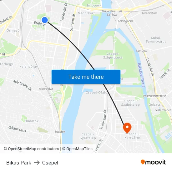 Bikás Park to Csepel map