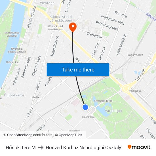 Hősök Tere M to Honvéd Kórház Neurológiai Osztály map