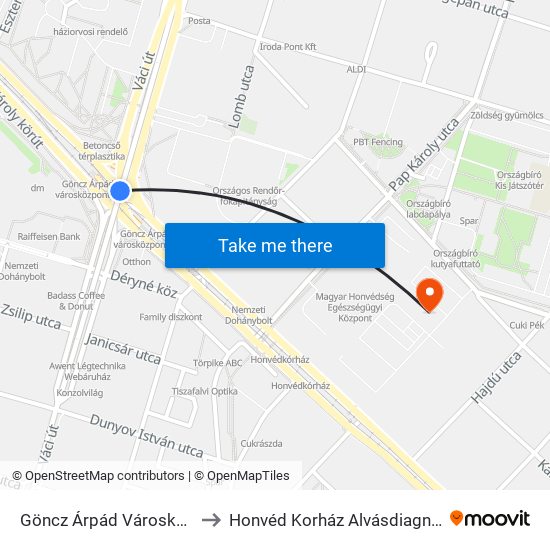 Göncz Árpád Városközpont to Honvéd Korház Alvásdiagnosztika map