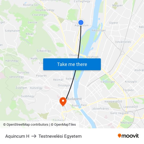 Aquincum H to Testnevelési Egyetem map
