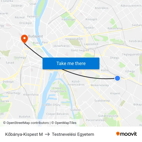 Kőbánya-Kispest M to Testnevelési Egyetem map
