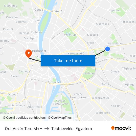 Örs Vezér Tere M+H to Testnevelési Egyetem map