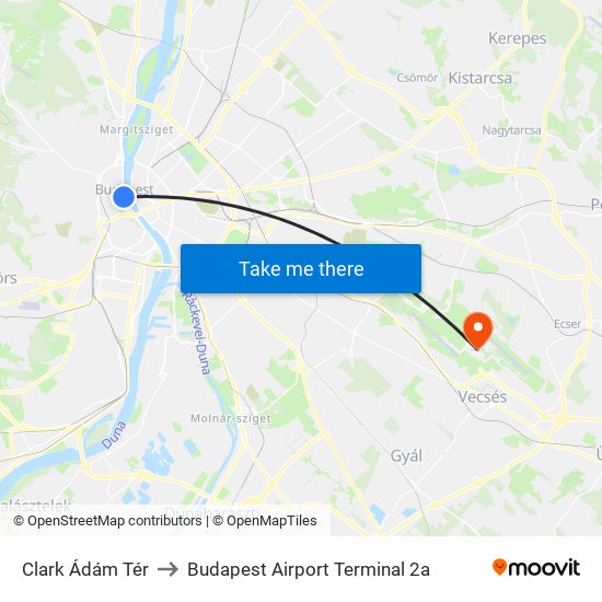 Clark Ádám Tér to Budapest Airport Terminal 2a map