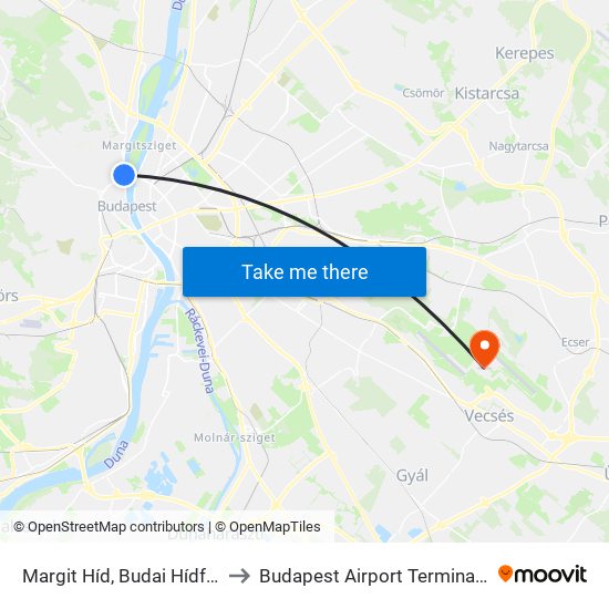 Margit Híd, Budai Hídfő H to Budapest Airport Terminal 2a map