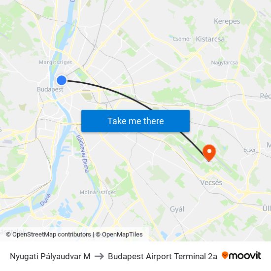 Nyugati Pályaudvar M to Budapest Airport Terminal 2a map