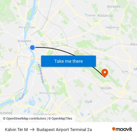 Kálvin Tér M to Budapest Airport Terminal 2a map