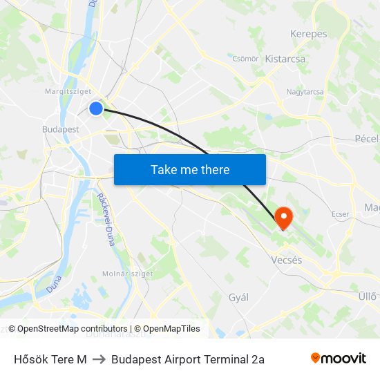 Hősök Tere M to Budapest Airport Terminal 2a map