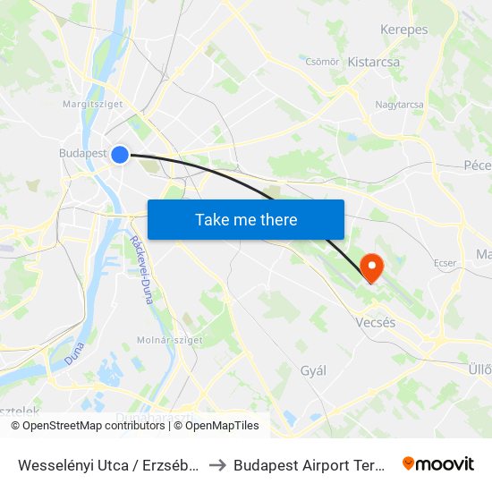 Wesselényi Utca / Erzsébet Körút to Budapest Airport Terminal 2a map