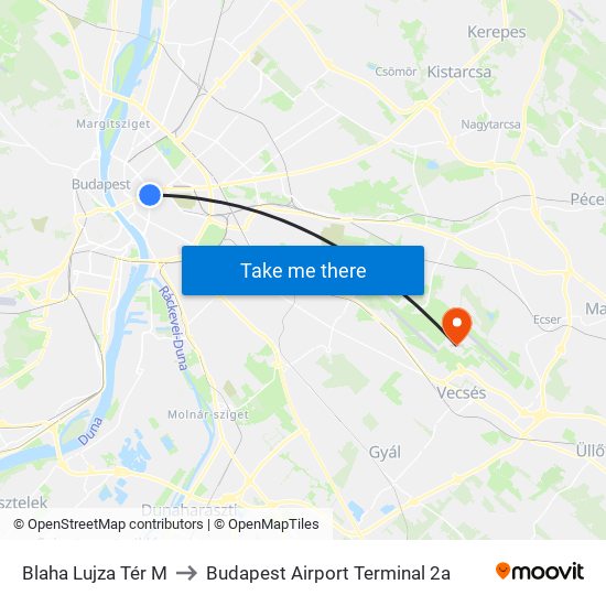 Blaha Lujza Tér M to Budapest Airport Terminal 2a map