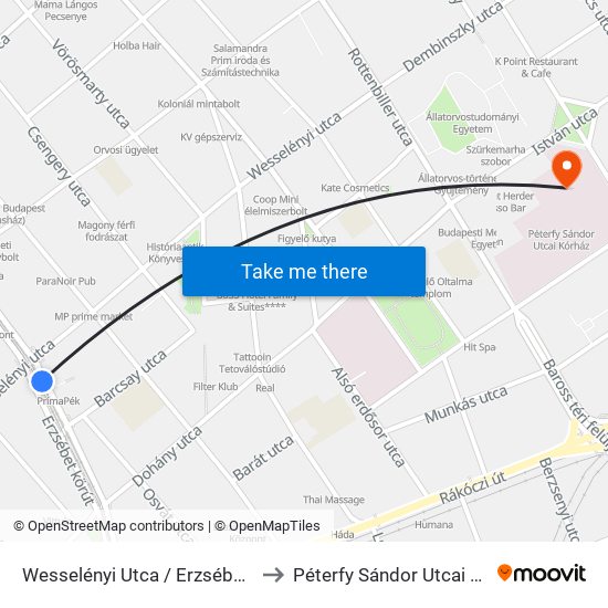 Wesselényi Utca / Erzsébet Körút to Péterfy Sándor Utcai Kórház map
