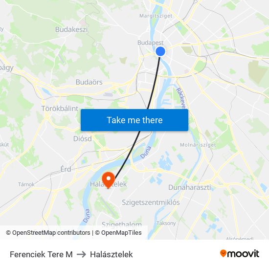 Ferenciek Tere M to Halásztelek map