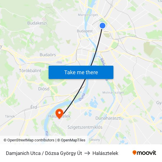 Damjanich Utca / Dózsa György Út to Halásztelek map