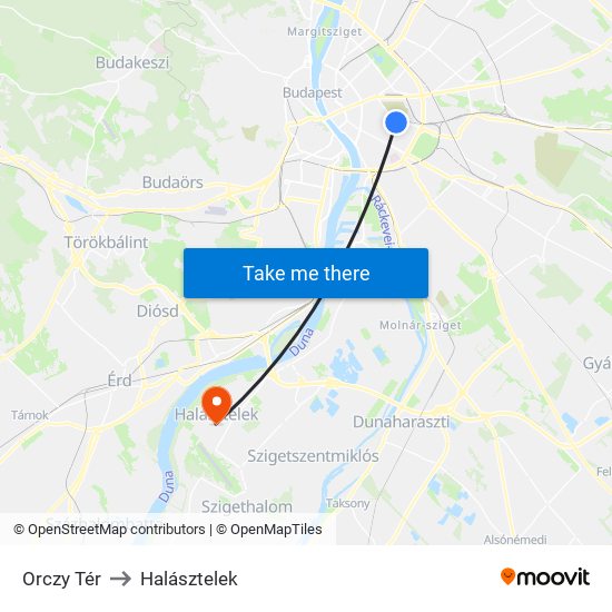 Orczy Tér to Halásztelek map