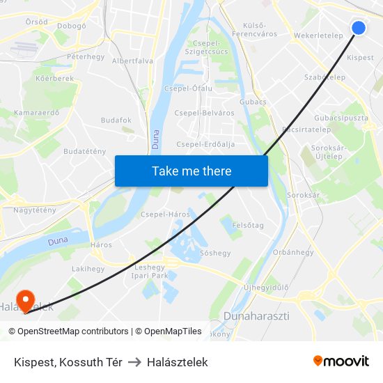 Kispest, Kossuth Tér to Halásztelek map