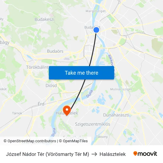 József Nádor Tér (Vörösmarty Tér M) to Halásztelek map