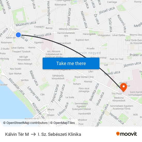 Kálvin Tér M to I. Sz. Sebészeti Klinika map