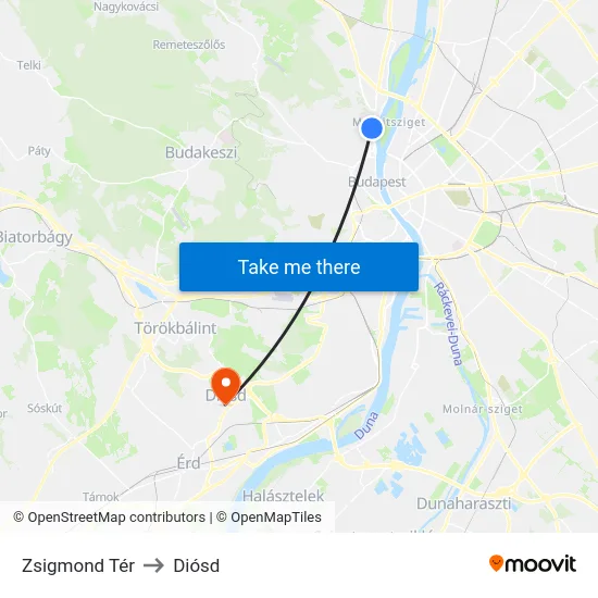 Zsigmond Tér to Diósd map