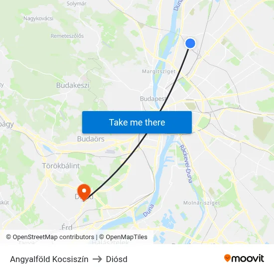 Angyalföld Kocsiszín to Diósd map