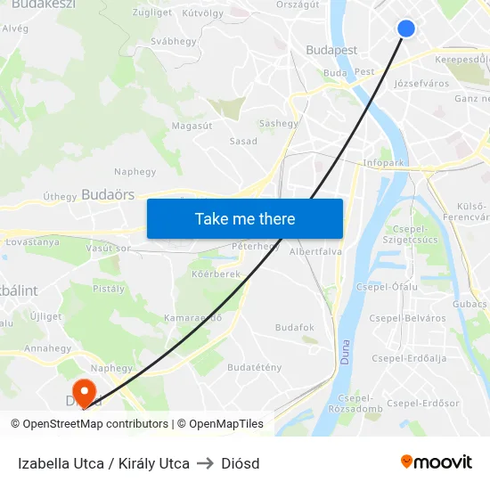 Izabella Utca / Király Utca to Diósd map