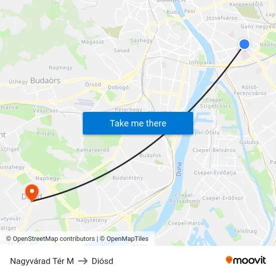 Nagyvárad Tér M to Diósd map