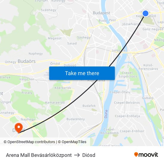 Arena Mall Bevásárlóközpont to Diósd map