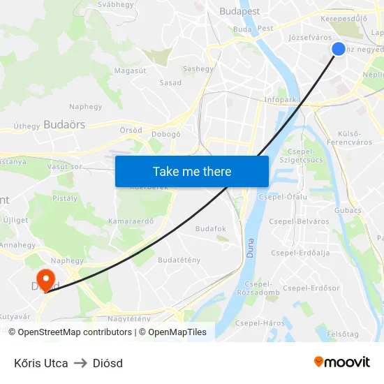 Kőris Utca to Diósd map