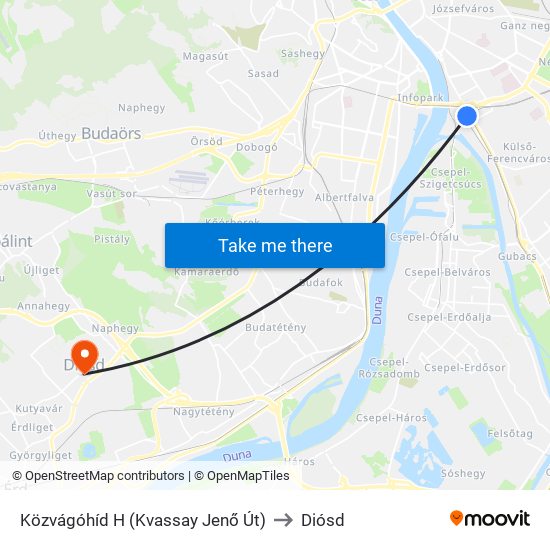 Közvágóhíd H (Kvassay Jenő Út) to Diósd map