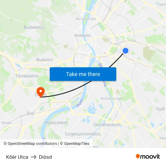 Kőér Utca to Diósd map